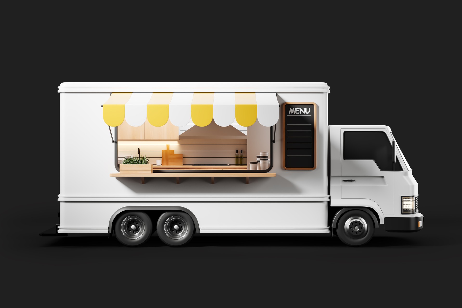 White food truck with kitchen on dark background